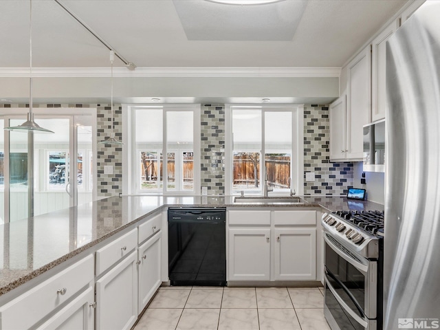 286 Woodlake Cir, Dayton, NV 89403 - kitchen featuring appliances with stainless steel finishes, crown molding, backsplash, white cabinets, and light tile patterned floors