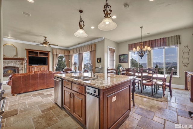 5140 Belsera Ct, Reno, NV 89519 - kitchen featuring a sink, stone tile floors, a chandelier, dishwasher, and light stone countertops