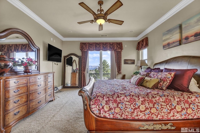 5140 Belsera Ct, Reno, NV 89519 - bedroom featuring carpet, crown molding, access to outside, ceiling fan, and baseboards