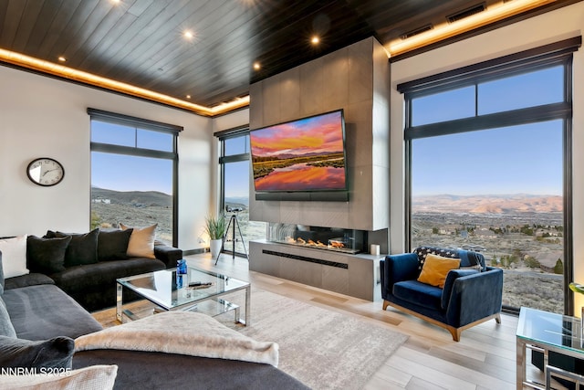 6372 Mormon Tea Way, Reno, NV 89511 - living area featuring wood finished floors, plenty of natural light, a fireplace, wood ceiling, and recessed lighting