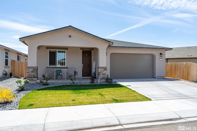 1117 Dapple Dr, Minden, NV 89423 - view of front of property with a porch, stucco siding, a garage, concrete driveway, and stone siding