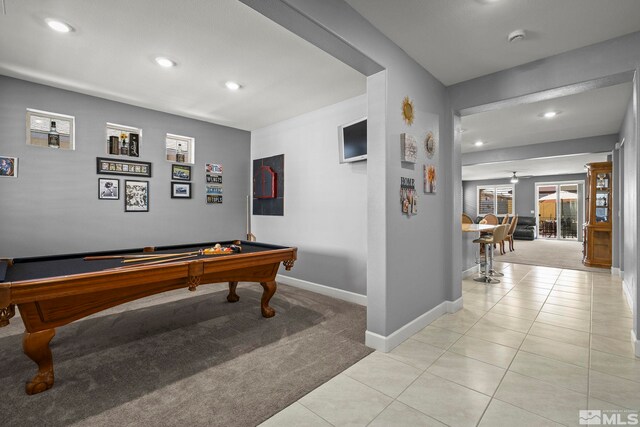 1117 Dapple Dr, Minden, NV 89423 - playroom with billiards table, recessed lighting, baseboards, light tile patterned floors, and a ceiling fan