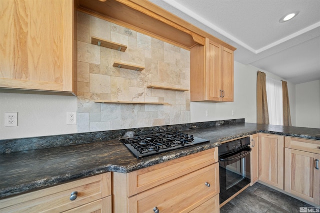18305 Quarry Ct, Reno, NV 89508 - kitchen with black appliances, light brown cabinetry, open shelves, backsplash, and recessed lighting