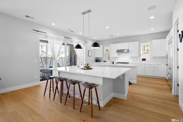 5424 Side Saddle Trl, Reno, NV 89511 - kitchen with a large island, under cabinet range hood, white cabinetry, recessed lighting, and light wood-style flooring