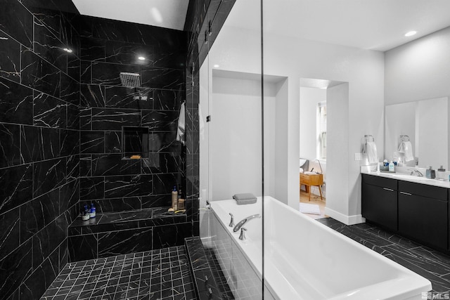 5424 Side Saddle Trl, Reno, NV 89511 - bathroom featuring a bathtub, marble finish floors, vanity, walk in shower, and recessed lighting