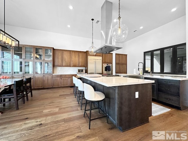 kitchen with appliances with stainless steel finishes, a high ceiling, a spacious island, light wood-style flooring, and light countertops
