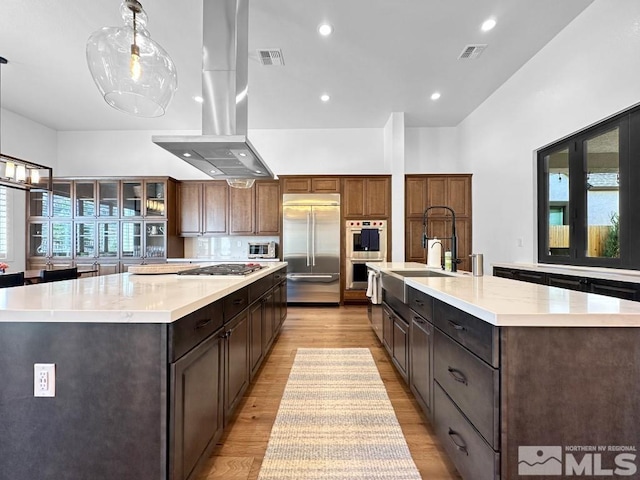 kitchen featuring a spacious island, appliances with stainless steel finishes, a sink, island exhaust hood, and light wood-type flooring