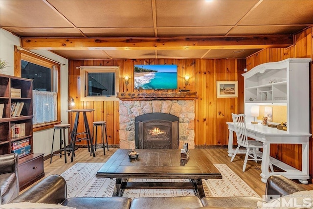 3628 Forest Ave, South Lake Tahoe, CA 96150 - living room with wood walls, a stone fireplace, and wood finished floors