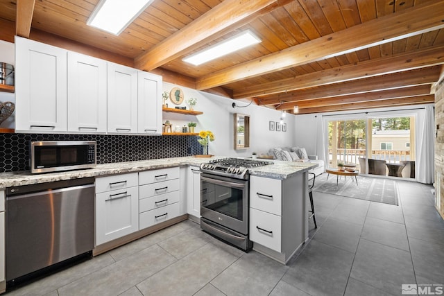 801 Northwood Blvd Unit 36, Incline Village, NV 89451 - kitchen with appliances with stainless steel finishes, open shelves, wood ceiling, a peninsula, and open floor plan