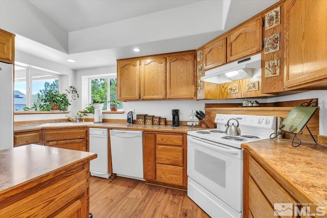 2875 Waegle Way, Fernley, NV 89408 - kitchen with white appliances, under cabinet range hood, a sink, light wood-type flooring, and recessed lighting