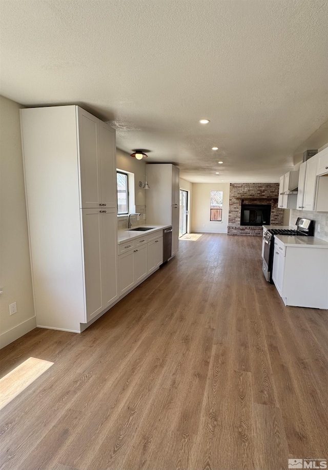 3003 Alcorn Rd, Fallon, NV 89406 - kitchen with stainless steel appliances, open floor plan, a sink, a fireplace, and a textured ceiling