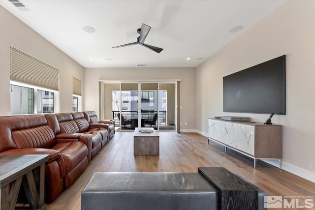 6103 S Pleasant Oak Trl, Reno, NV 89511 - living room featuring ceiling fan, wood finished floors, baseboards, and recessed lighting