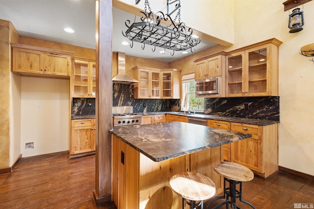 4775 Mount Rose Hwy, Reno, NV 89511 - kitchen featuring wall chimney exhaust hood, a sink, stainless steel microwave, dark wood finished floors, and glass insert cabinets