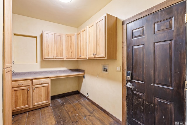 4775 Mount Rose Hwy, Reno, NV 89511 - laundry area featuring cabinet space, dark wood finished floors, a desk, washer hookup, and baseboards