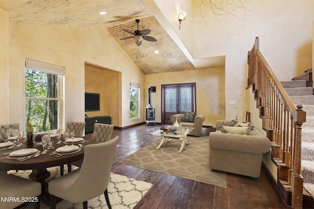 4775 Mount Rose Hwy, Reno, NV 89511 - living room featuring high vaulted ceiling, wood-type flooring, stairs, ceiling fan, and french doors