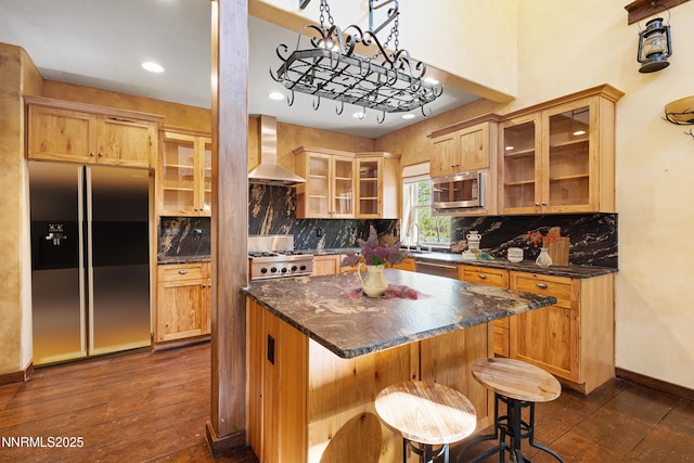 4775 Mount Rose Hwy, Reno, NV 89511 - kitchen with appliances with stainless steel finishes, wall chimney range hood, dark wood-type flooring, glass insert cabinets, and backsplash