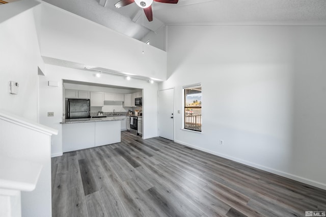 1465 E Peckham Ln Apt 20, Reno, NV 89502 - unfurnished living room with high vaulted ceiling, a ceiling fan, wood finished floors, a sink, and baseboards