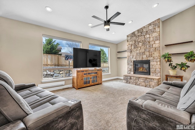 16885 Majestic View Dr, Reno, NV 89521 - living area with carpet flooring, a ceiling fan, a stone fireplace, recessed lighting, and lofted ceiling