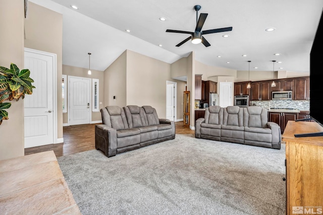 16885 Majestic View Dr, Reno, NV 89521 - living area featuring a ceiling fan, high vaulted ceiling, recessed lighting, and baseboards