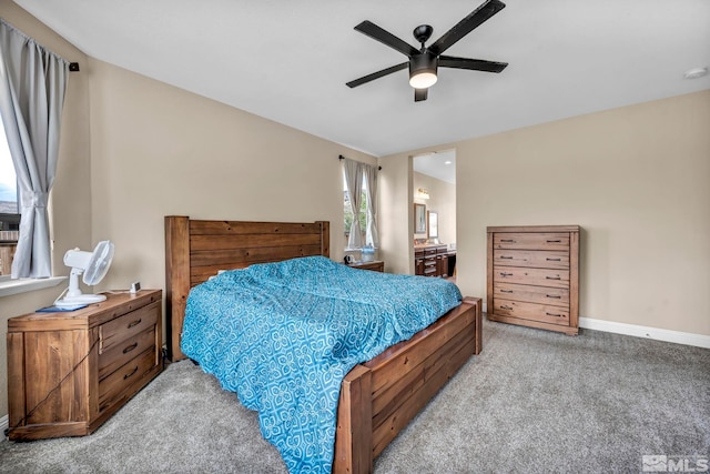 16885 Majestic View Dr, Reno, NV 89521 - bedroom with light carpet, baseboards, a ceiling fan, and connected bathroom