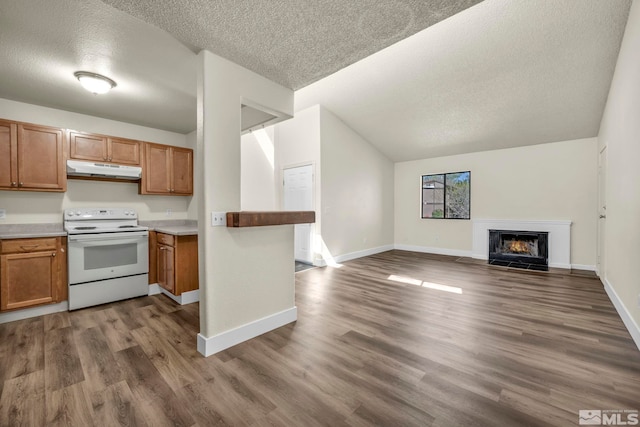 2375 Tripp Dr Unit 2, Reno, NV 89512 - kitchen with white electric stove, under cabinet range hood, a textured ceiling, brown cabinetry, and dark wood-type flooring
