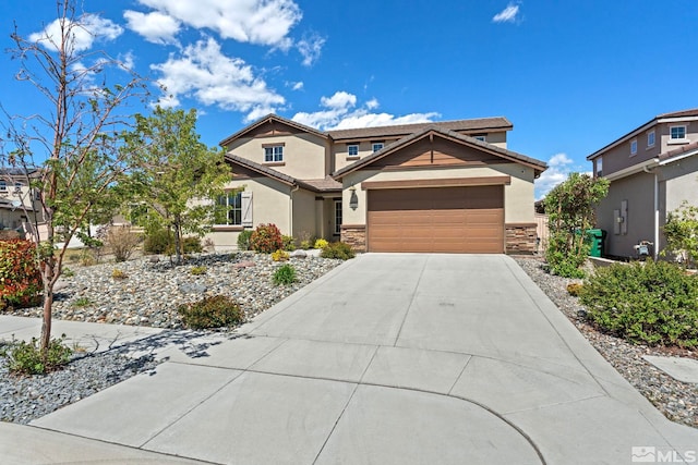 1845 Fledge Creek Dr, Reno, NV 89521 - craftsman house with stone siding, stucco siding, driveway, and a garage
