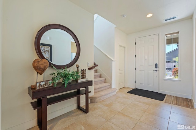 1845 Fledge Creek Dr, Reno, NV 89521 - foyer entrance featuring stairs, baseboards, light tile patterned floors, and recessed lighting