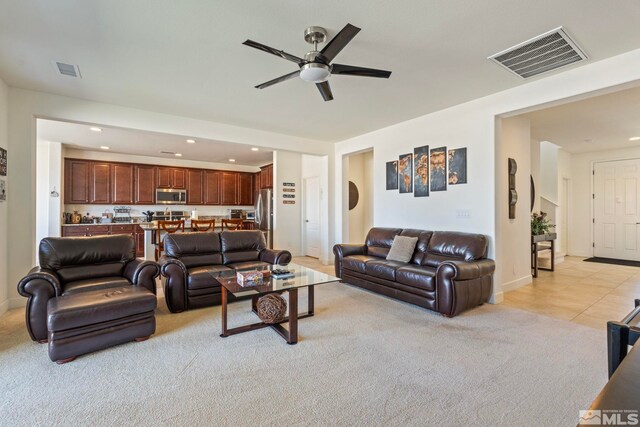 1845 Fledge Creek Dr, Reno, NV 89521 - living room featuring light carpet, ceiling fan, recessed lighting, and baseboards