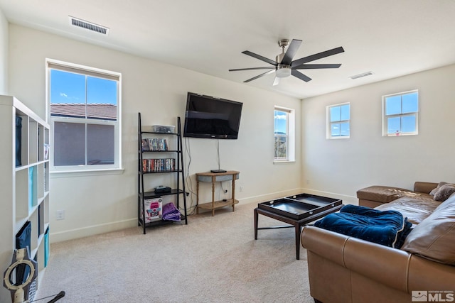 1845 Fledge Creek Dr, Reno, NV 89521 - living room with a ceiling fan, carpet flooring, and baseboards
