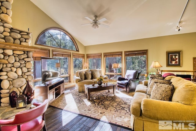 1300 Douglas Fir Dr, Reno, NV 89511 - living area with high vaulted ceiling, a ceiling fan, hardwood / wood-style floors, healthy amount of natural light, and track lighting