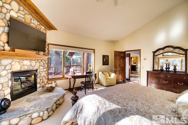 1300 Douglas Fir Dr, Reno, NV 89511 - bedroom featuring carpet flooring, a stone fireplace, and high vaulted ceiling