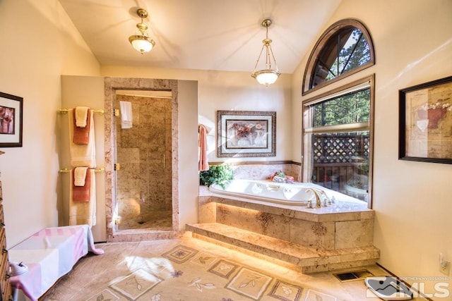 1300 Douglas Fir Dr, Reno, NV 89511 - full bathroom with a bath, a stall shower, and high vaulted ceiling