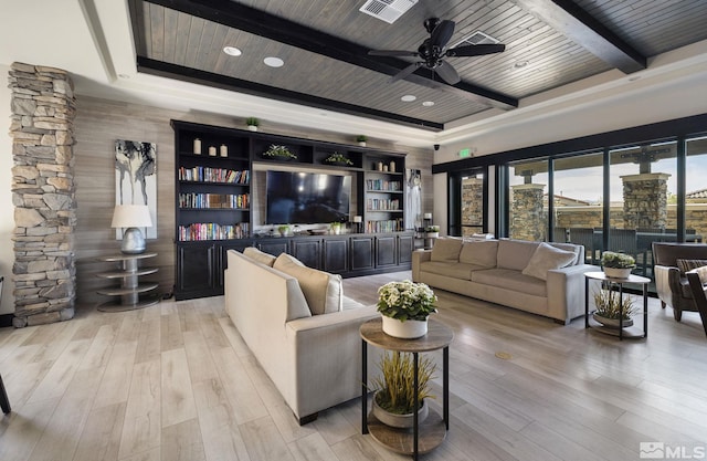 3335 Show Jumper, Reno, NV 89521 - living area featuring beamed ceiling, ceiling fan, light wood-type flooring, and wooden ceiling
