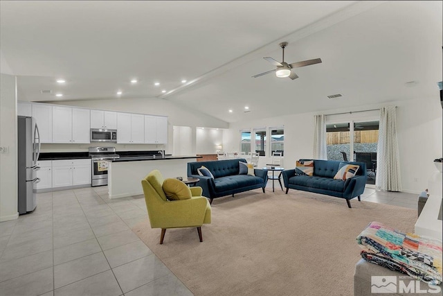 286 Greywall Ct, Dayton, NV 89403 - living room featuring lofted ceiling, light tile patterned floors, ceiling fan, and recessed lighting