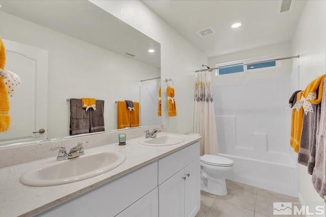 286 Greywall Ct, Dayton, NV 89403 - bathroom with tile patterned flooring, toilet, double vanity, shower / bath combo, and recessed lighting