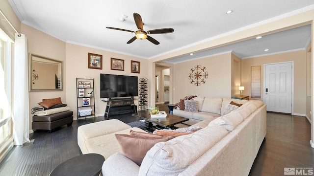 2485 Firenze Dr, Sparks, NV 89434 - living room featuring a ceiling fan, baseboards, dark wood-type flooring, ornamental molding, and recessed lighting