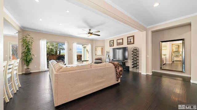 2485 Firenze Dr, Sparks, NV 89434 - living area with a ceiling fan, ornamental molding, baseboards, recessed lighting, and dark wood finished floors