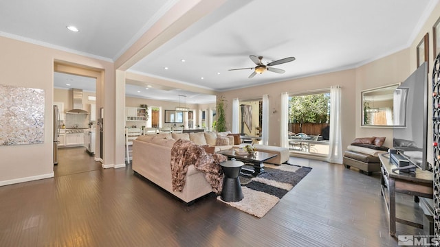 2485 Firenze Dr, Sparks, NV 89434 - living area with ceiling fan, dark wood-style flooring, crown molding, and recessed lighting