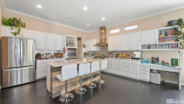 2485 Firenze Dr, Sparks, NV 89434 - kitchen with stainless steel appliances, wall chimney exhaust hood, open shelves, white cabinets, and ornamental molding