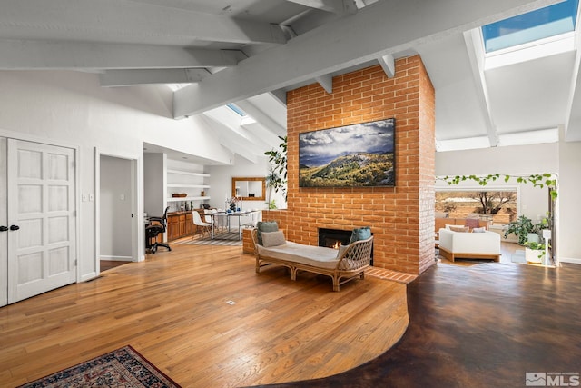 4625 Canyon Dr, Reno, NV 89519 - living area featuring beam ceiling, a brick fireplace, high vaulted ceiling, wood finished floors, and baseboards