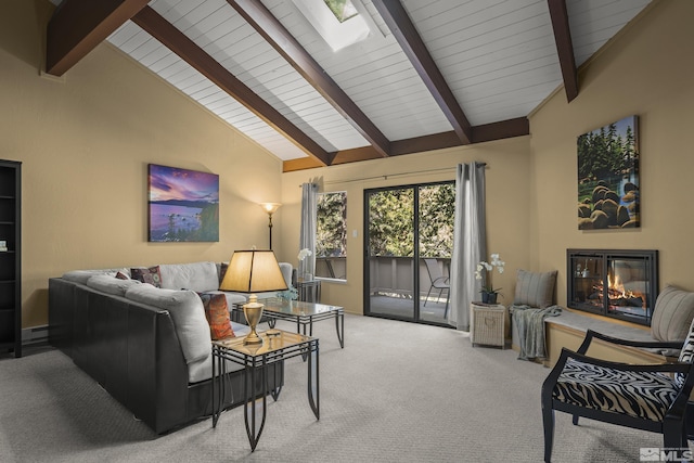 321 Ski Way Unit 148, Incline Village, NV 89451 - living room with carpet flooring, beam ceiling, high vaulted ceiling, a glass covered fireplace, and a skylight