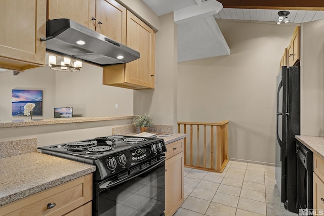 321 Ski Way Unit 148, Incline Village, NV 89451 - kitchen with under cabinet range hood, black appliances, light brown cabinets, and light tile patterned flooring