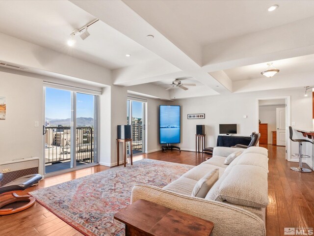 200 W 2nd Unit 1104, Reno, NV 89501 - living room with hardwood / wood-style floors, coffered ceiling, beam ceiling, recessed lighting, and track lighting