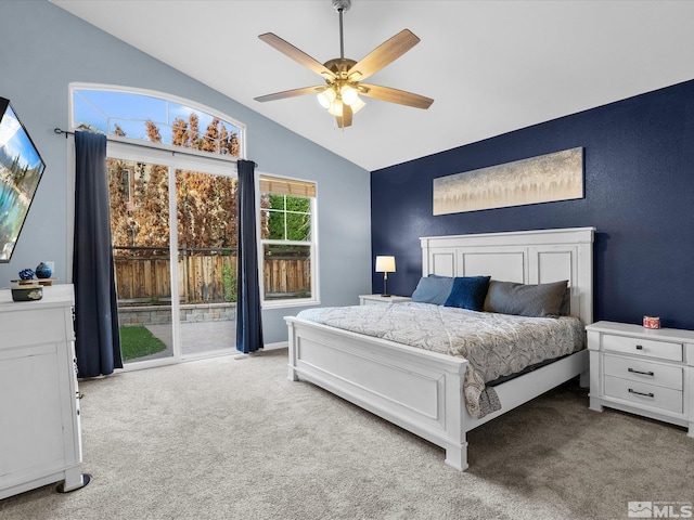 3240 Dunbar Ct, Sparks, NV 89436 - bedroom featuring vaulted ceiling, carpet flooring, access to outside, and a ceiling fan
