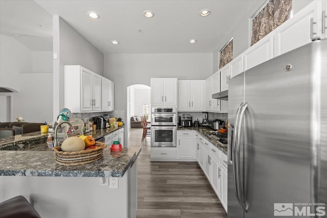 2525 Beaumont Pkwy, Reno, NV 89523 - kitchen featuring stainless steel appliances, arched walkways, recessed lighting, under cabinet range hood, and decorative backsplash