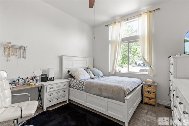 2525 Beaumont Pkwy, Reno, NV 89523 - bedroom with dark carpet, a ceiling fan, and lofted ceiling