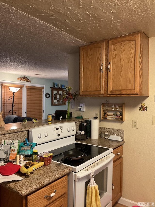 3645 Peregrine Cir, Reno, NV 89508 - kitchen featuring white electric range oven, brown cabinets, a textured ceiling, a textured wall, and a peninsula