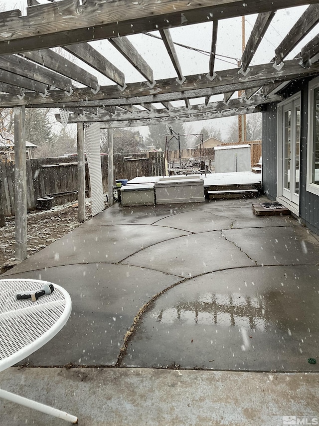 3645 Peregrine Cir, Reno, NV 89508 - view of patio with french doors, a fenced backyard, and a pergola