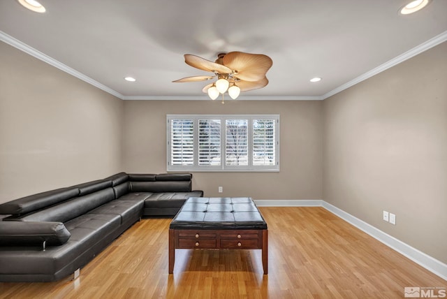 2501 Kensington Pl, Carson City, NV 89703 - living room featuring baseboards, ceiling fan, light wood-type flooring, recessed lighting, and ornamental molding
