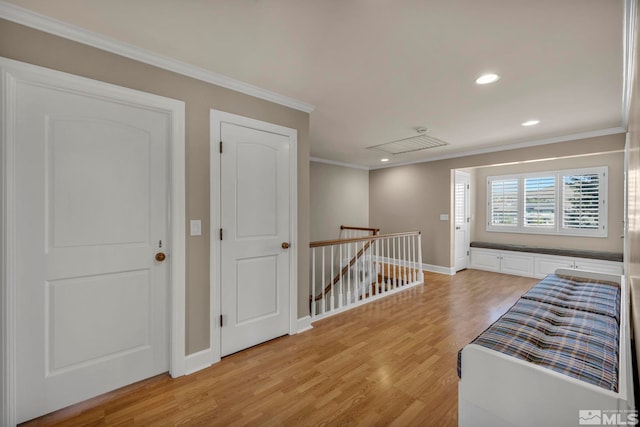 2501 Kensington Pl, Carson City, NV 89703 - hallway with an upstairs landing, crown molding, light wood-style flooring, recessed lighting, and baseboards